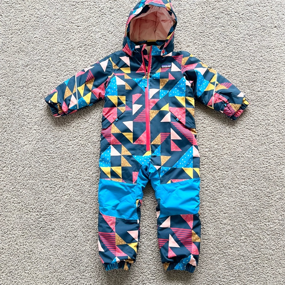 Patagonia Baby Snow Pile One-Piece Blue and Pink Geometric Snowsuit